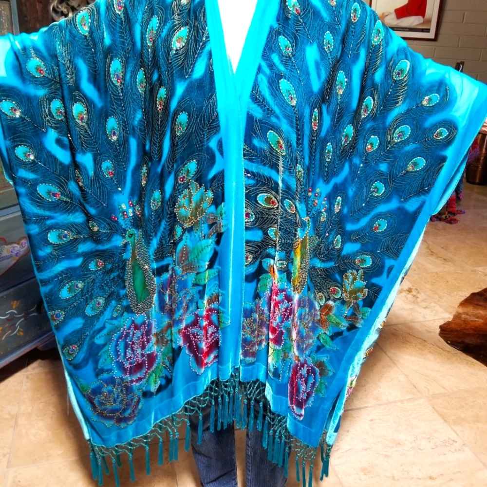Peacock & Roses Beaded Sparkly Velvet Shawl Wrap Poncho